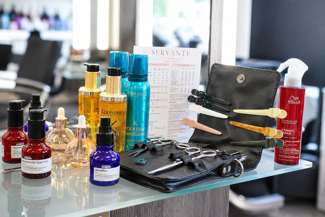Colour-care and Kérastase products on the shelf at Servanté Studio